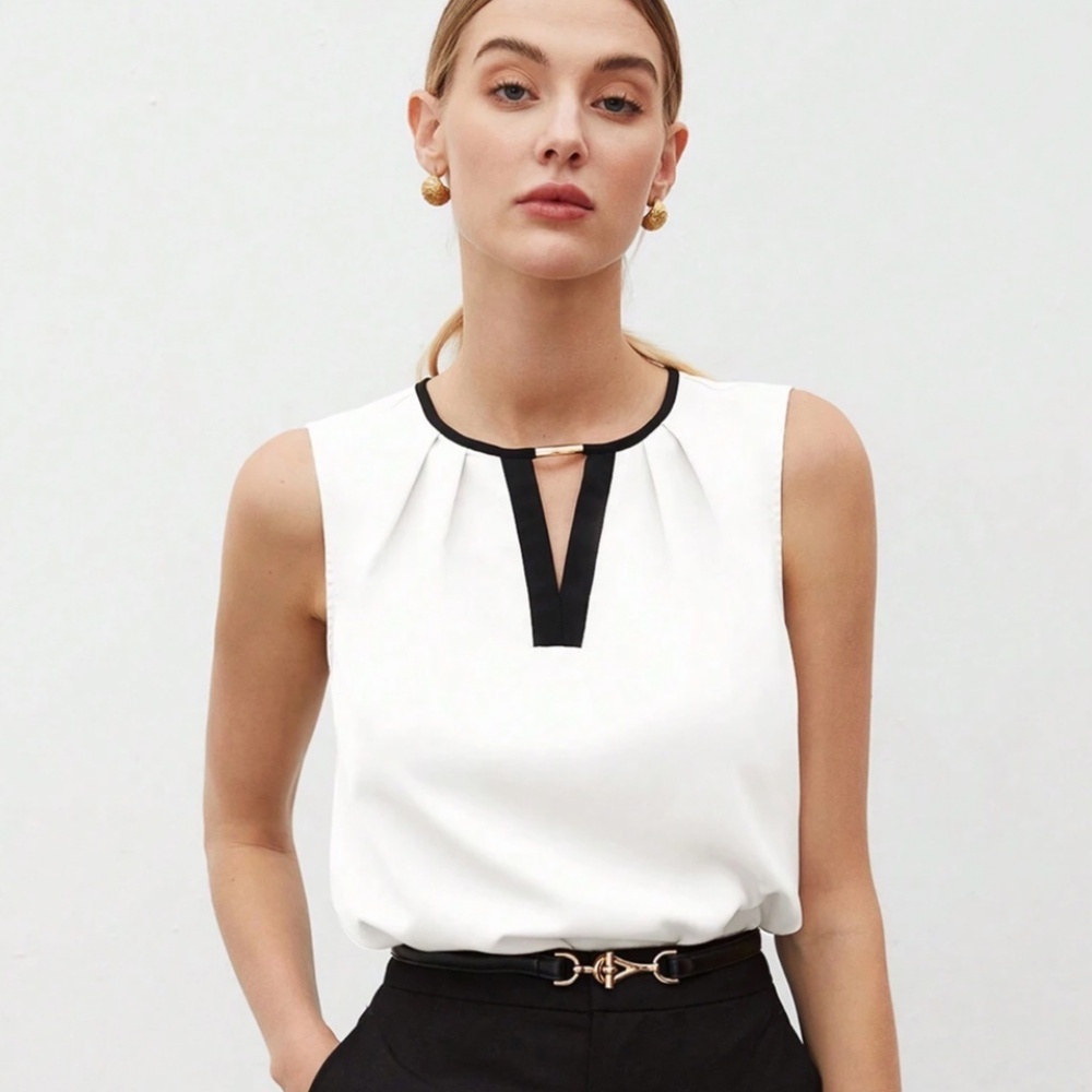 White Sleeveless Blouse Top Black V-Neck Trim Gold Embellishment Detail